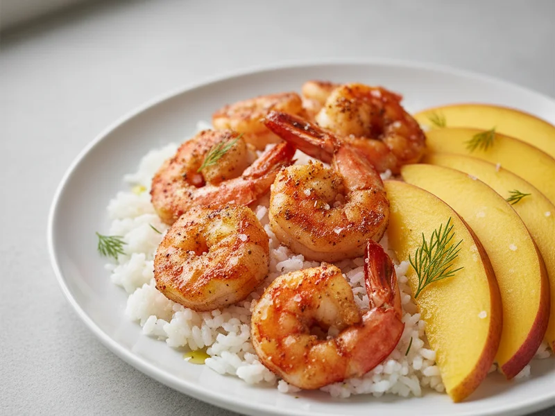 Reker i airfryer med ris og mango