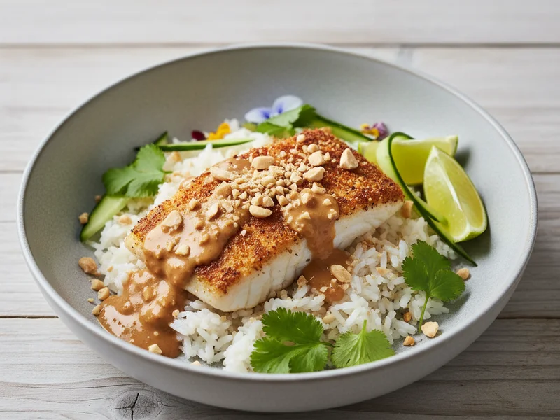 Rask laksakrydret hyse og sataysaus med jasminris og salte peanøtter